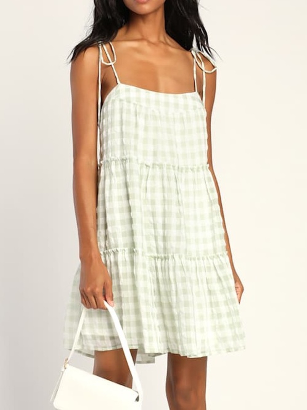 Just Checked In Light Green Gingham Tie-Strap Shift Mini Dress